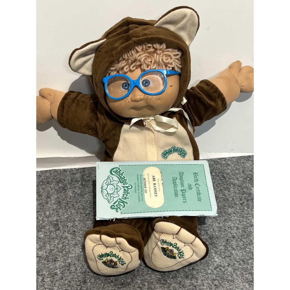 Vintage Cabbage Patch Kids Abe Ramsey Doll Bear Outfit Blue Glasses Papers